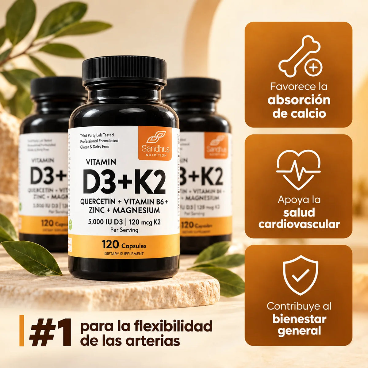 D3+K2: #1 Para la Salud Cardiovascular y Flexibilidad Arterial - 120 Capsulas 🧡